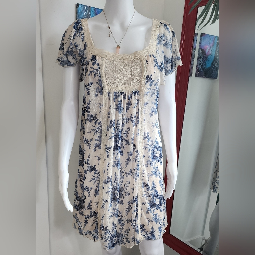 Ralph Lauren Cream Mini Dress with Blue Floral Print and Lace Bodice